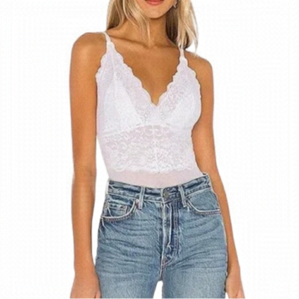 Free People We Are HAH Smarty Pants White Lace Bodysuit Camisole XS